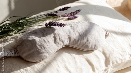 A soft beige sleep mask rests on a cream-colored fabric with sprigs of dried lavender casting delicate shadows in natural sunlight.