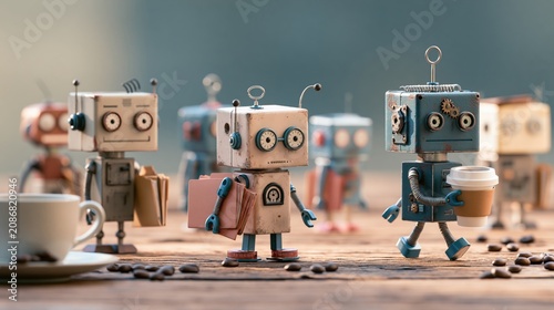 Small vintage-style robots holding coffee cups and bags walk among scattered coffee beans on a wooden surface with a blurred background.