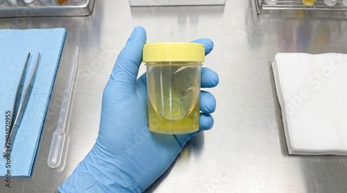 Medical professional holding a urine specimen container for laboratory testing