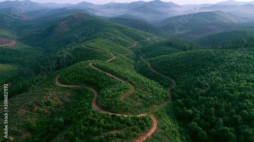 Aerial view of winding dirt roads cutting through dense, green forested hills with mountains in the background under a hazy sky.