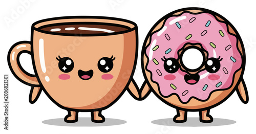 Cute coffee cup and pink donut characters holding hands in kawaii style