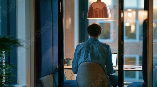A person works on a laptop alone in a modern office booth at night, illuminated by a hanging lamp and city lights outside the window.