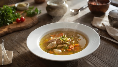 Soup or broth served on a white plate at a table.