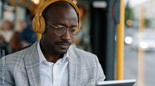 Nigerian hybrid professional visibly tense in a cramped transit bus seat, attempting to review meeting notes on a tablet during a long commute, capturing the ergonomic awkwardness
