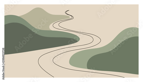 Winding road through abstract mountains in minimalist line art landscape style