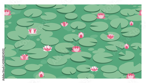 Konstfotografi Water lily flowers and green leaves floating on pond surface in flat vector patt