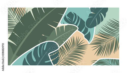 Tropical leaf collage with monstera and palm fronds in modern minimalist style