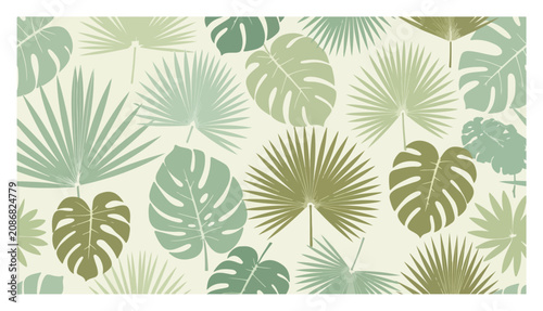 Seamless pattern with tropical monstera and palm leaves in light pastel green