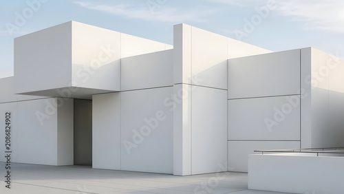Modern minimalist white building with sharp geometric lines and a recessed entrance, showcasing contemporary architectural design against a clear sky during daytime.