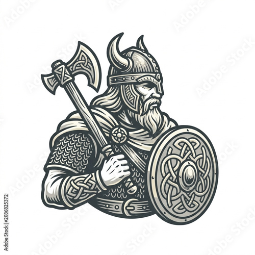 Fotografie Viking warrior with axe and shield illustration.