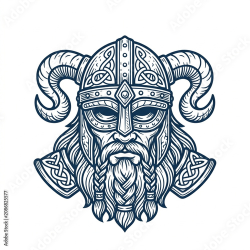 Fotografía Viking warrior with horned helmet and braided beard illustration.
