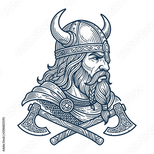 Konstfotografi Viking warrior with horned helmet and crossed axes illustration.