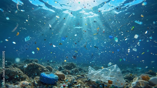 Underwater scene depicts a concerning amount of plastic pollution and microplastics floating in the blue ocean, with sunlight filtering through the water's surface onto a rocky seabed.