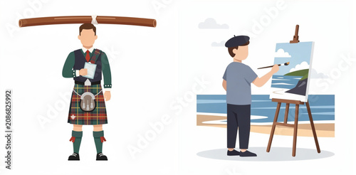 Scottish Bagpiper and Artist Painting Landscape Side by Side