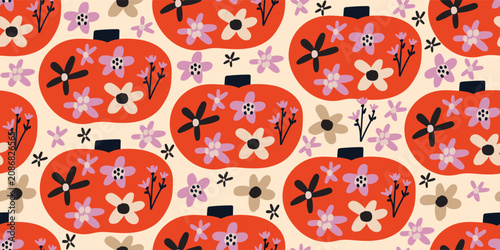 Seamless Thanksgiving pumpkin pattern with floral pumpkins on a warm background. Cozy autumn harvest design for fabric, wallpaper, wrapping paper, seasonal decor and holiday crafts. 100% hand drawn