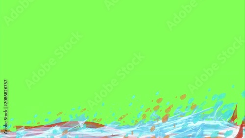 Vibrant waves crash against a vivid green backdrop. Splashes of color echo the motion of ocean surf. Water droplets glisten under bright, clear light. Dynamic movement suggests energy