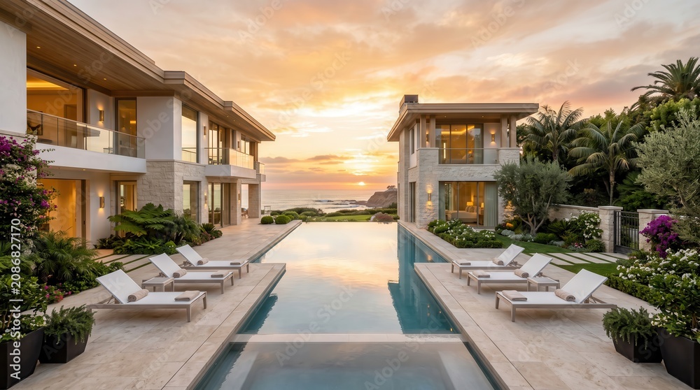 Fototapeta premium Modern coastal villa courtyard with infinity pool at sunset