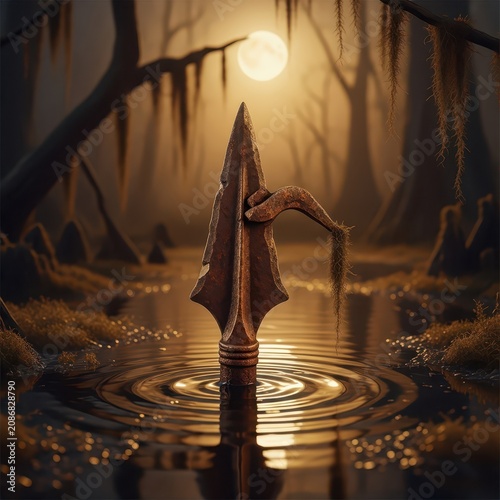 A Bent Rusted Iron Spearhead Emerging from Moonlit Swamp Water