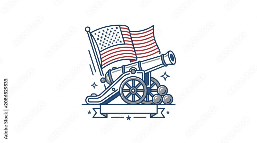 Fototapeta premium Vintage Cannon with American Flag Illustration.