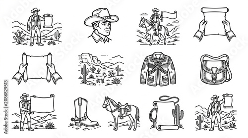 Fotografía Vintage Line Art Illustrations of Western and Rural Life.