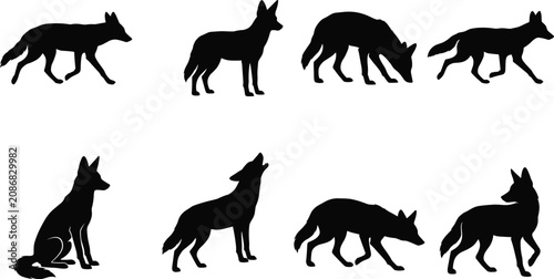 Konstfotografi Wolf silhouettes set with walking howling sitting and hunting poses isolated