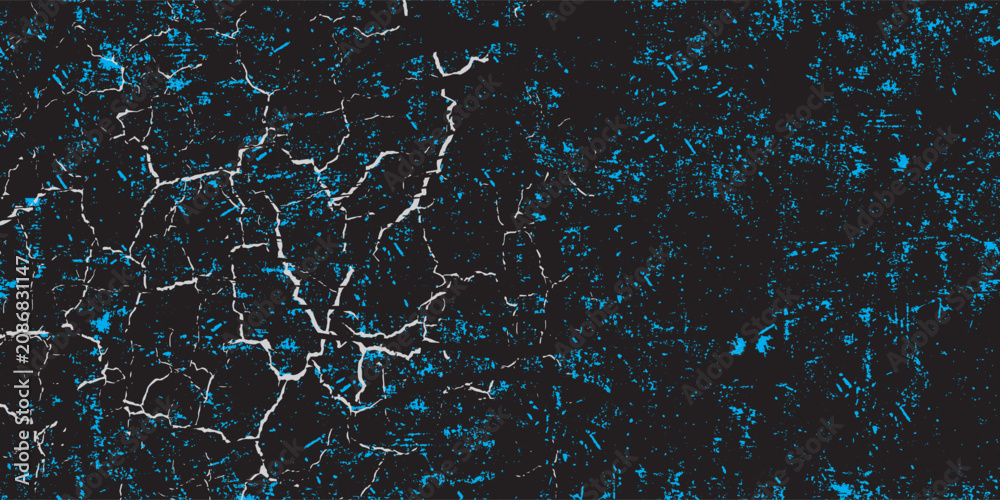 Naklejka premium Abstract grunge black background with blue splatters and white cracked lines texture, distress vector background.