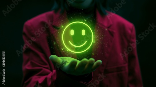 Glowing green smiley face hologram floating above hands in dark room, futuristic technology and digital emotion concept