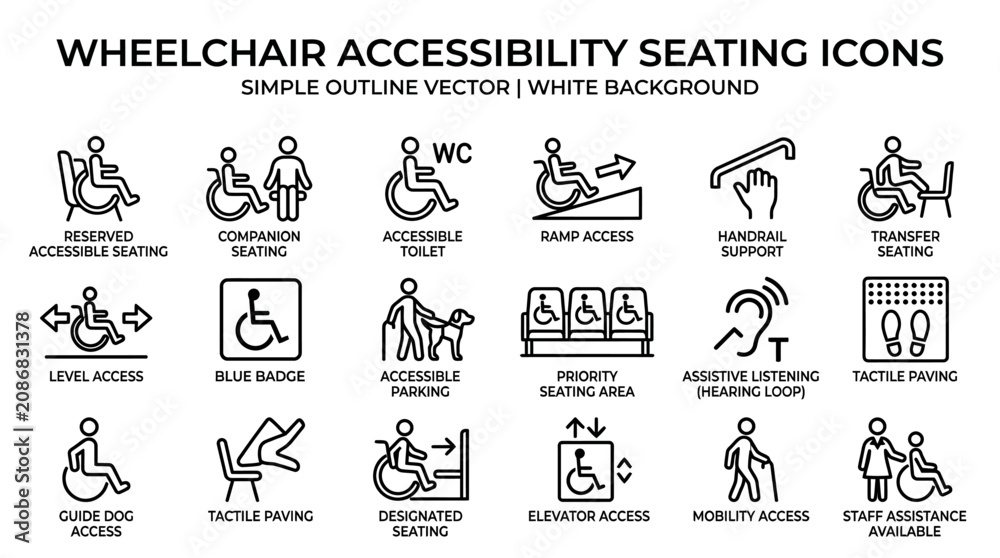 Fototapeta premium Wheelchair accessibility seating icons set.