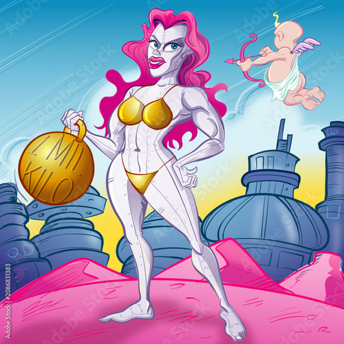 Futuristic Female Cyborg Superhero With Gold Bikini and Cupid Over Retro Sci‑Fi City