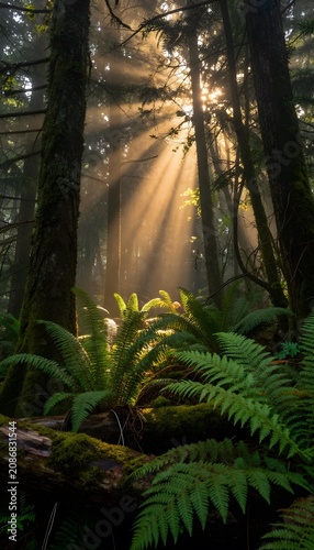 Forest with sun rays filtering through dense canopy, illuminating ferns and mossy logs on the forest floor, creating a mystical and atmospheric woodland scene.