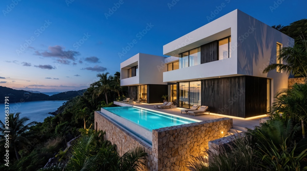 Fototapeta premium Contemporary hillside villa with infinity pool overlooking a tropical bay
