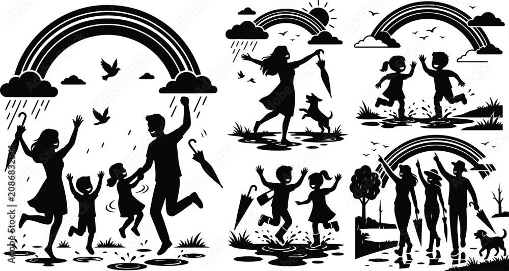 Obraz premium Children playing under rainbow in nature