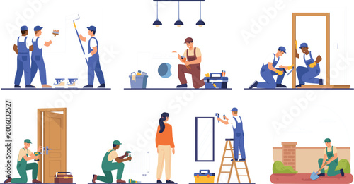 Home renovation and professional handyman service vector set featuring workers painting walls fixing doors installing mirrors and gardening cartoon illustration