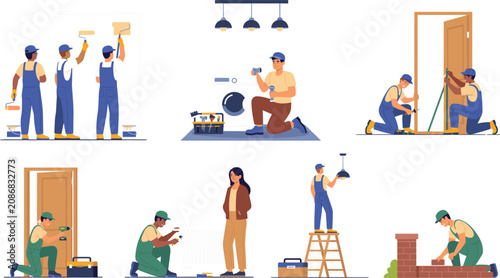 Home renovation and construction service vector set featuring handymen painting walls fixing doors installing lights and laying bricks cartoon illustration