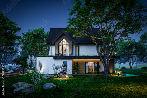 3d rendering of contemporary architectural luxury house exterior at night. Modern Scandinavian style family home, dramatic exterior lighting and garden landscaping at twilight