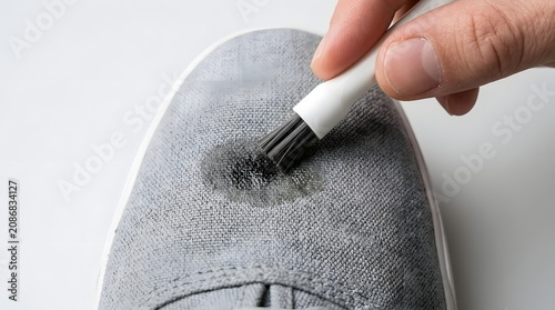Sneaker cleaning involves a hand using a small brush to gently remove dust from the grey textured fabric surface.