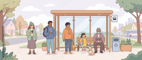 Diverse people waiting at bus stop shelter on sidewalk.