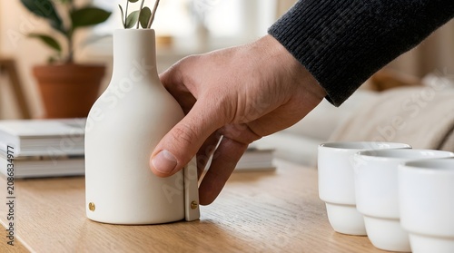 Minimalist bottle stands on a wooden desk as a hand reaches to adjust the smooth white container near small ceramic cups.