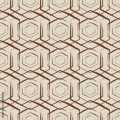 Neutral beige seamless geometric hand drawn vector pattern background with concentric organic hexagon shapes. Abstract netting grid backdrop. Versatile design for packaging, web