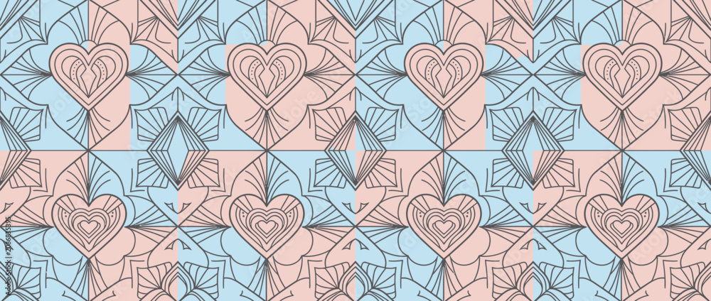 Fototapeta premium Heart and line art pastel checkerboard romantic pattern.