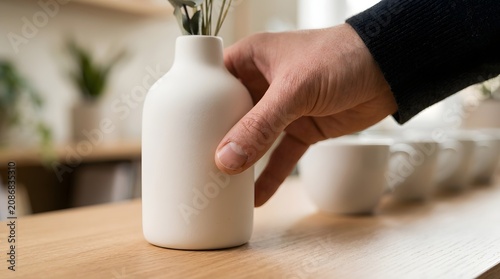 Pottery vase rests on a wooden counter while a person interacts with the clean white ceramic texture in a bright interior kitchen setting.