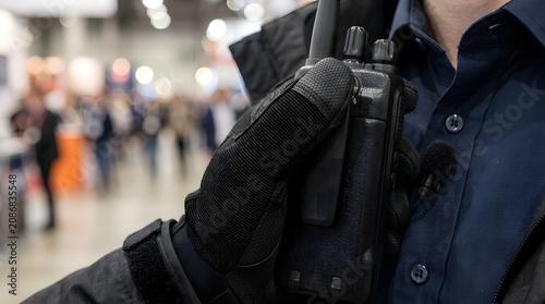 Security professional grips a handheld radio transceiver while navigating through a busy exhibition hall filled with attendees.