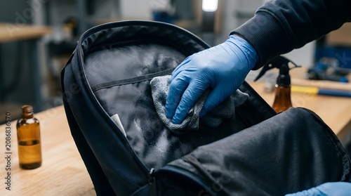 Janitor wearing blue nitrile gloves cleans the interior of a black backpack with a gray microfiber cloth in a workshop setting.