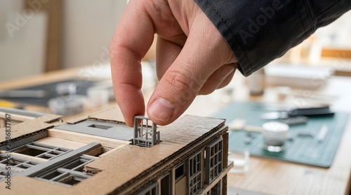 Designer fingers assemble a small window frame onto a wooden architectural scale model in a studio.