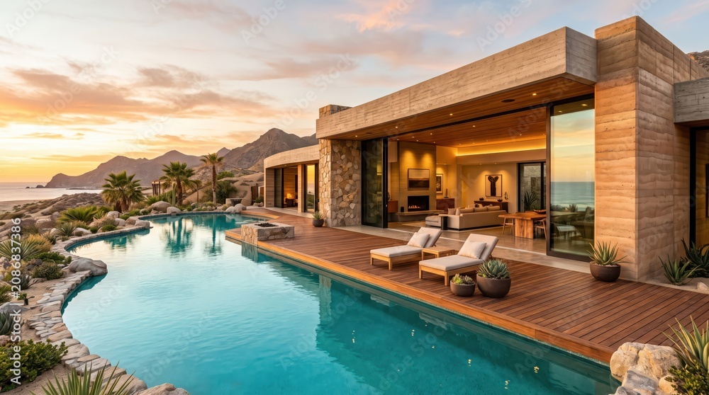 Fototapeta premium Modern desert coastal house with curved swimming pool at sunset