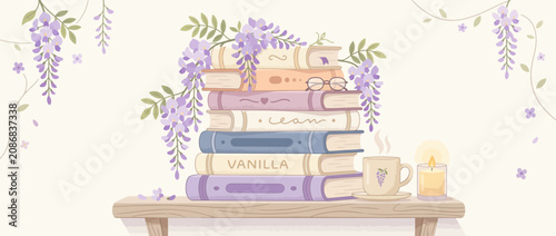 Stack of vintage books with wisteria flowers.