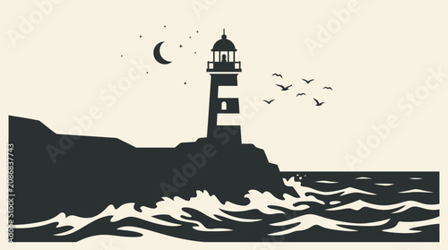 a black silhouette of a lighthouse on a rocky coastline at night.