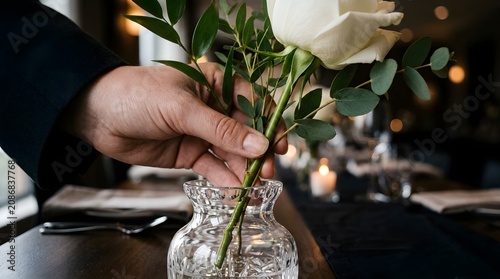 Person arranges a delicate white rose in a cut glass vase on a formal dining table with warm candlelight.