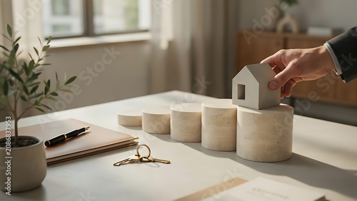Hand placing small house on stack of cylinders next to notebook and potted plant on white desk in modern room with window