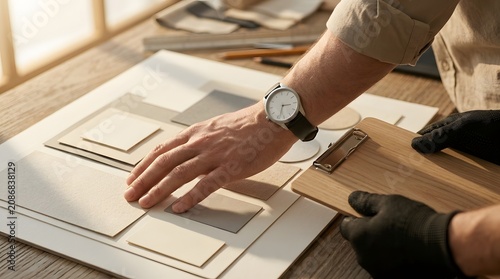 Designer examines textured paper samples on a sunlit wooden desk while holding a wooden clipboard.